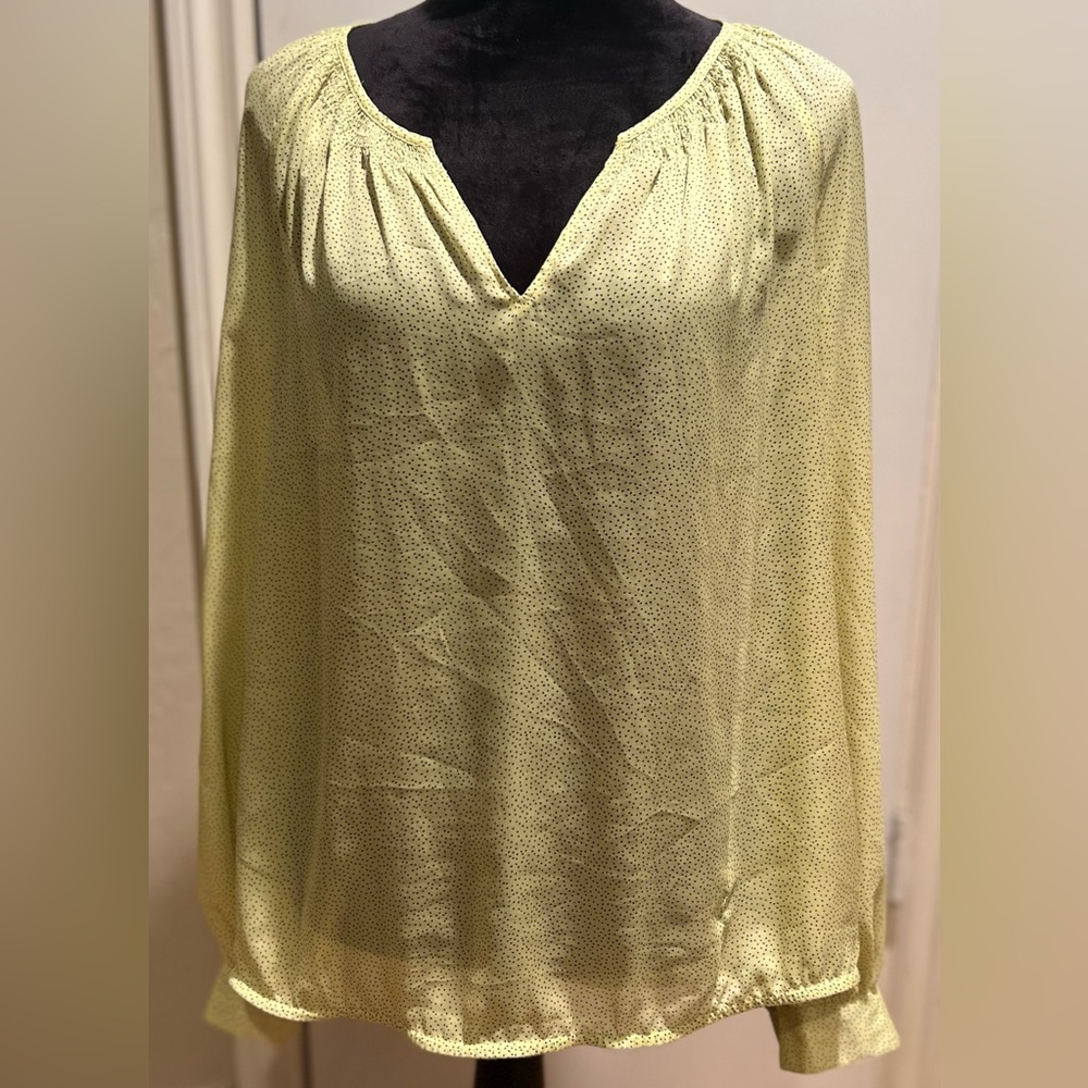 LOFT Semi-Sheer Chiffon Yellow & Black Polka Dot Split-Neck Relaxed Blouse Large